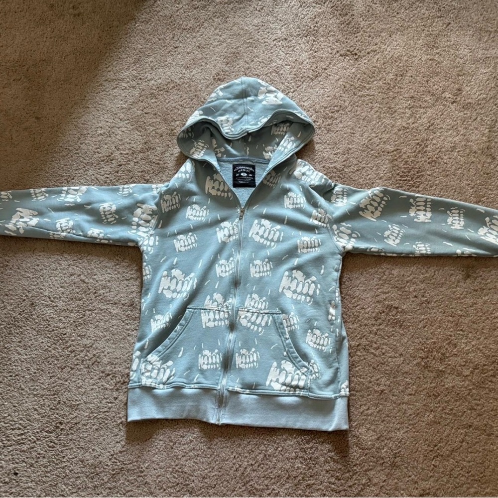 Men's Blue Zip-Up Sweater with White Print